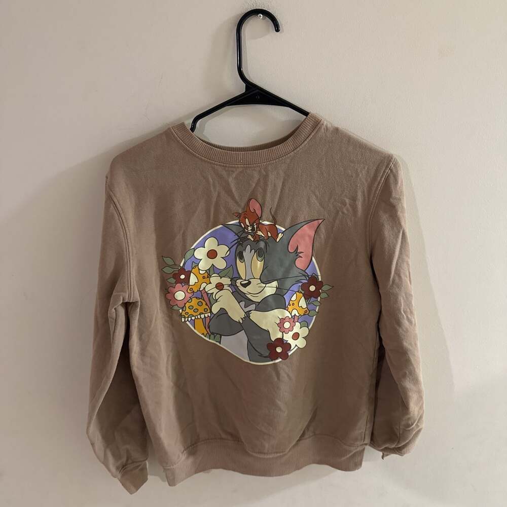 Tom and Jerry Floral Print Crewneck Sweatshirt Brown Women's